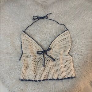 ROMWE Crochet Halter Crop Top - Cream and Blue
